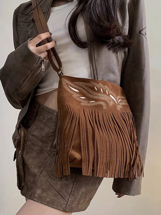 Geantă de Umăr / Crossbody din Piele Întoarsă cu Franjuri Maro