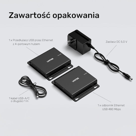 Unitek Usb-c Extender To 4× Usb-a Via Ethernet Range Up To 150 M 480mbps