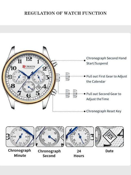 Curren Men's Watch 43mm Battery Chronograph with Metal Bracelet Silver/Gold/Black