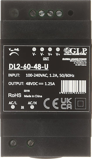 Rail Mount Power Supply with 48V Output and 60W 1.25A