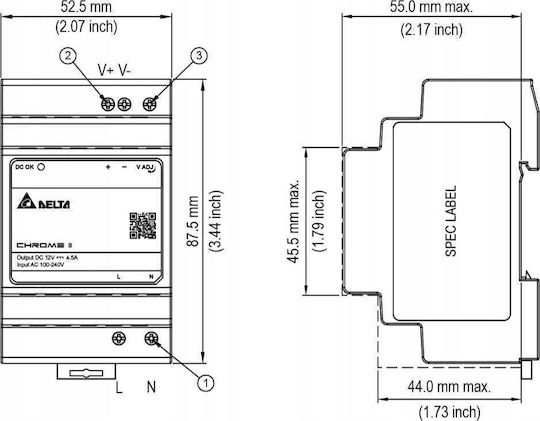 Delta DIN Rail Power Supply with 12V Output and 60W Power 4.5A