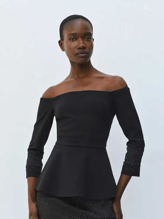 Women's Blouse Off-Shoulder Long Sleeve with Neckline Zipper Black