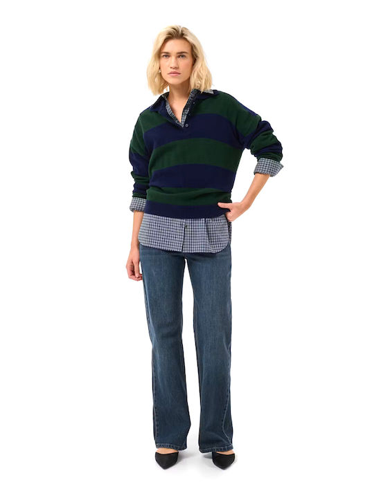 Women's Polo Blouse Long Sleeve Striped Blue-Green