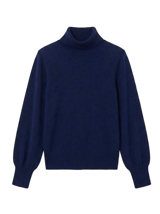 Bluza Damă Mânecă Lungă Pulover Lână Cu Guler Înalt Albastru