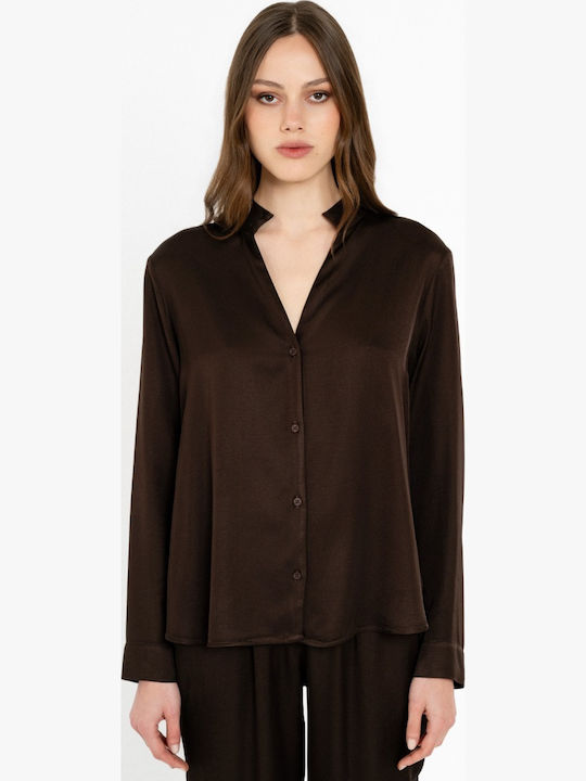 Women's Satin Long Sleeve Brown Blouse