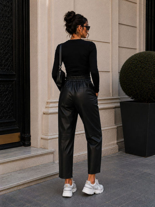 Damen Hochgebirge Leder Hose mit Gummiband in Schlank Passform Schwarz