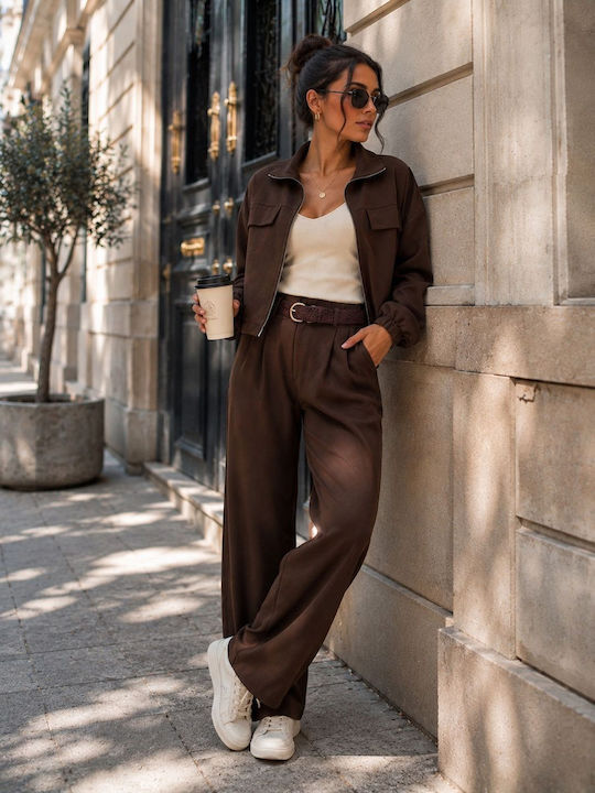 Damen Braunes Satz mit Hochbund Hose in Loose Passform