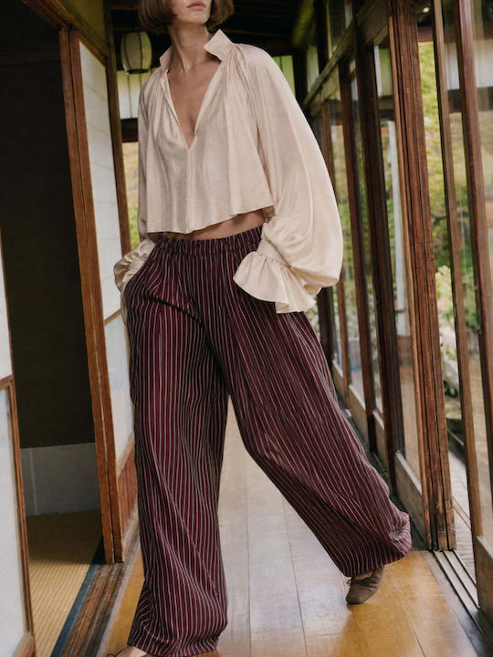 Women's Fabric Trousers with Rubber Band Striped Burgundy
