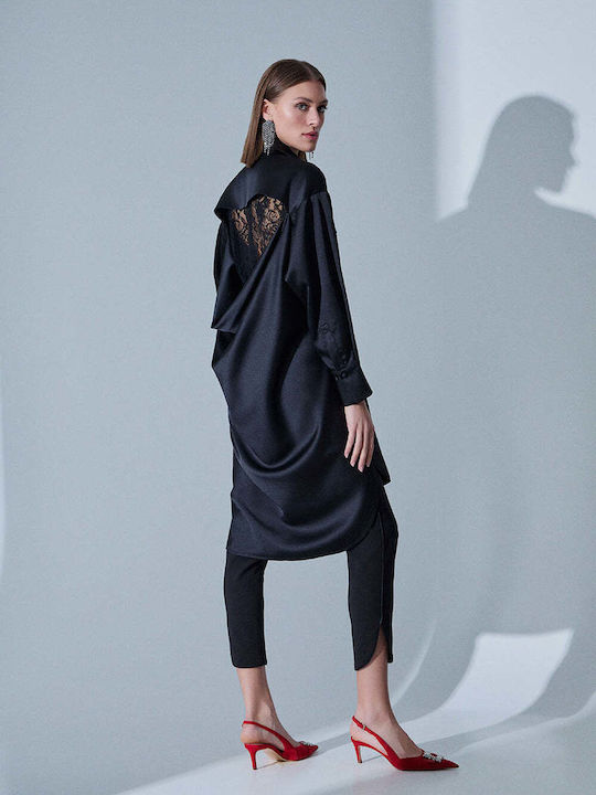 Summer Shirt Dress Satin Black