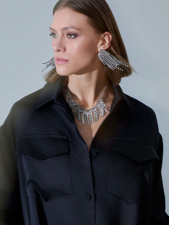 Summer Shirt Dress Satin Black