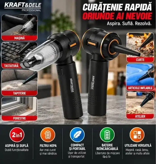Kraft & Dele Aspirator de Mână și Suflantă Auto 2 în 1 Reîncărcabil 12V 100W