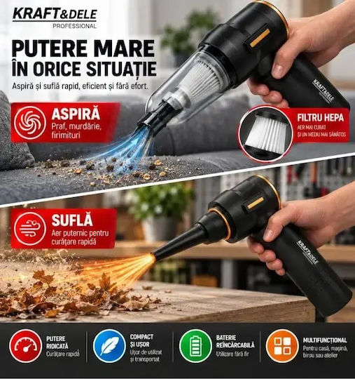 Kraft & Dele Aspirator de Mână și Suflantă Auto 2 în 1 Reîncărcabil 12V 100W