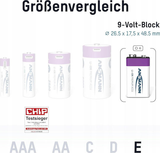 Ansmann Wiederaufladbare Batterie 9V Li-Ion 340mAh 1 Stück