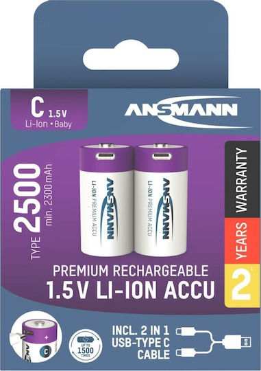 Ansmann Wiederaufladbare Batterien C Li-Ion 2300mAh 1,5V 2 Stück
