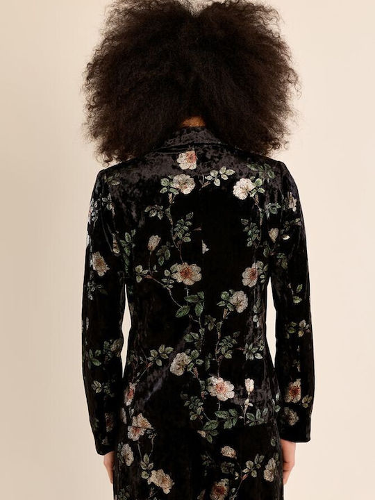 Molly Bracken Long Women's Velvet Blazer Black Printed