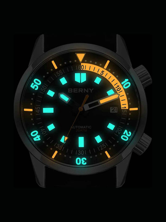 Berny Ceas Barbatesc 42mm Automat cu Curea din Cauciuc Neagră