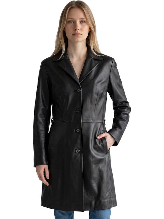 Leather Women's Black Coat with Buttons