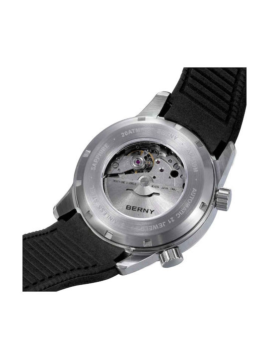 Berny Ceas Barbatesc 42mm Automat cu Curea din Cauciuc Neagră