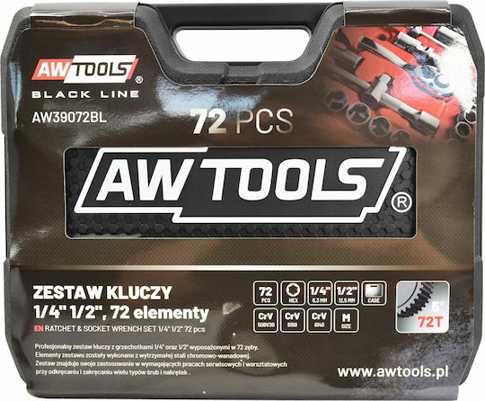 AWTools Ratschen- und Steckschlüssel-Set 1/2" & 1/4" 72 Stück
