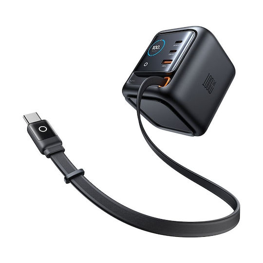 Mcdodo Mcdodo Handyladegerät mit Eingebautem Kabel GaN mit USB-A Ausgangsanschluss und 2 USB-C Ausgangsanschlüsse USB-C 100W Stromlieferung Schwarz