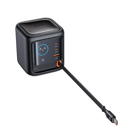 Mcdodo Mcdodo Handyladegerät mit Eingebautem Kabel GaN mit USB-A Ausgangsanschluss und 2 USB-C Ausgangsanschlüsse USB-C 100W Stromlieferung Schwarz
