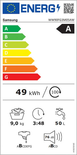 Samsung Πλυντήριο Ρούχων 9kg με Τεχνολογία Ατμού 1400 Στροφών WW90FG3M05AWLE