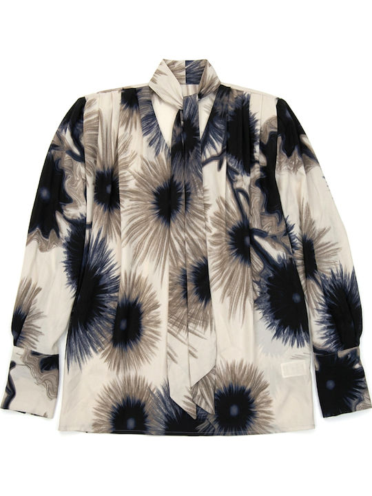 Women's Long Sleeve Blouse with V-Neck Beige-Blue