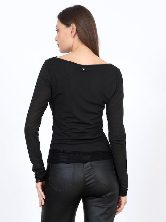 Damen Bluse mit Ausschnitt Lächeln Schwarz