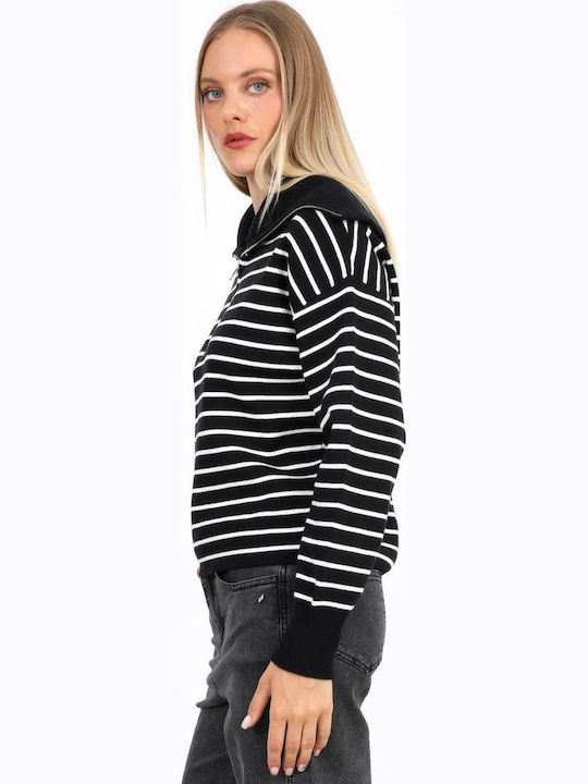 Women's Sweater with Zipper Striped Black