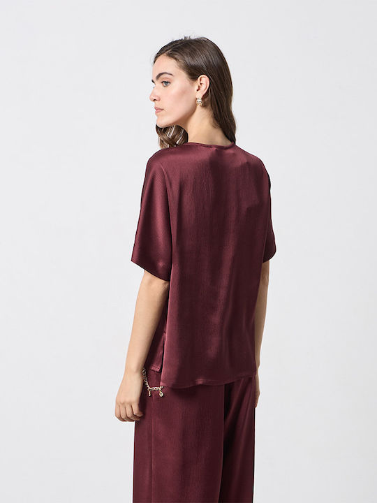 Damen Crop Top Satin Kurzärmelig Burgundisch
