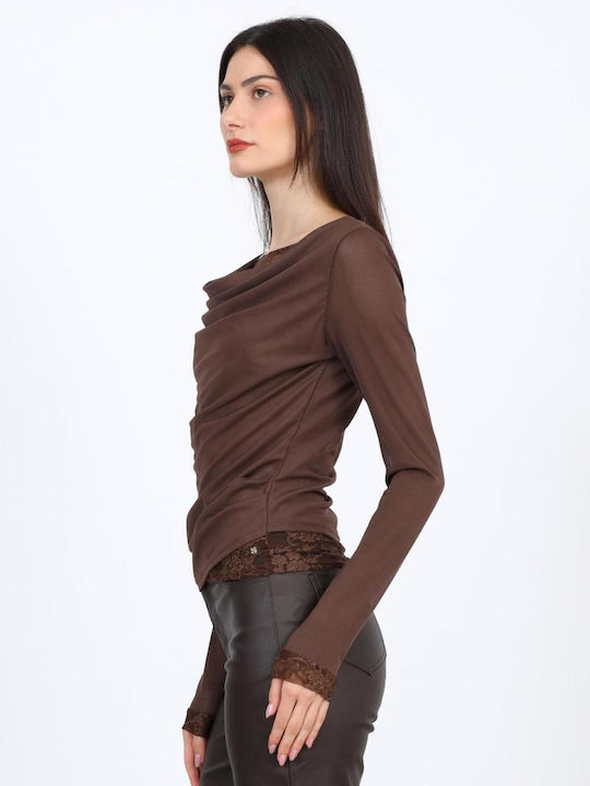Damen Bluse mit Ausschnitt Lächeln Braun
