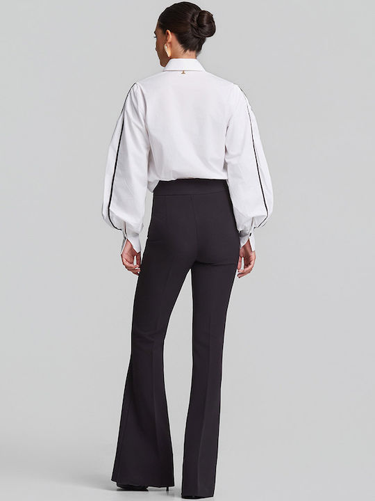 Women's High Rise Fabric Flared Trousers in Regular Fit Black