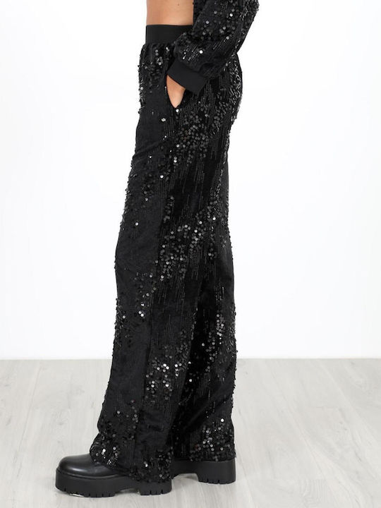 Women's Fabric Trousers with Elastic in Slim Fit Black with Sequins
