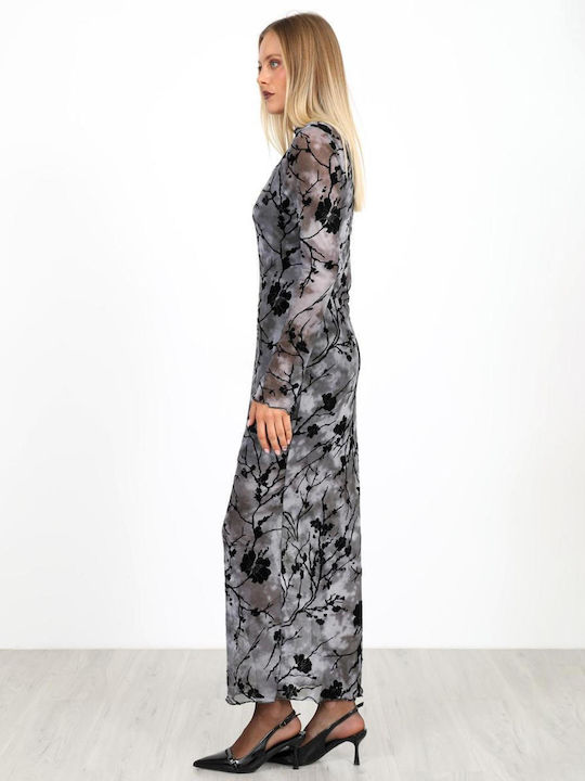 Maxi Abend Hemdkleid Mit Samt Grau
