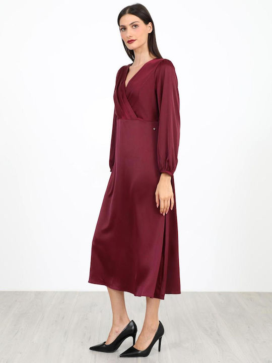 Sommer Midi Abend Hemdkleid Wickel Satin Burgundisch