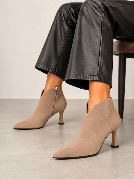 Suede Women's Ankle Boots with High Heel Beige