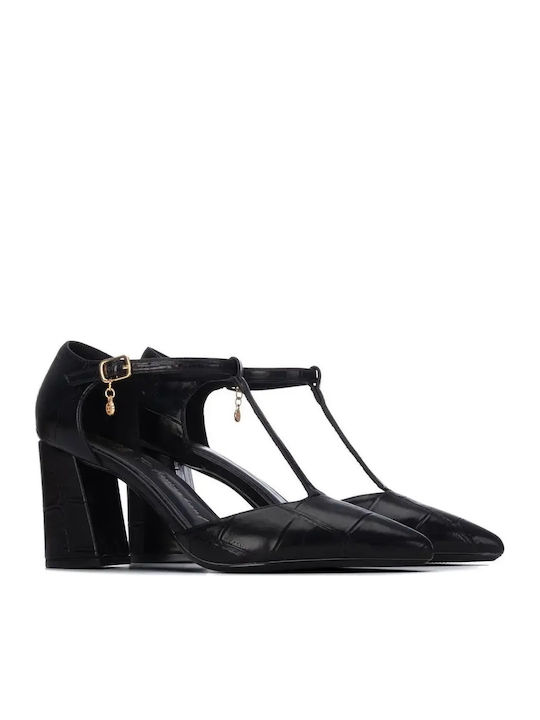 Spitze Zehe Pumps mit Riemen & Hochem Absatz Schwarz