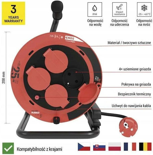 Emos Extension Cord Reel 4-Socket With 25m Cable 3 x 1mm² Cross Section And Waterproof Grounding