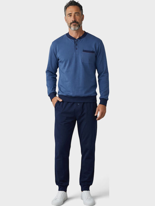 Мъжка Пижама Флийс Collection Копчета 65% Памук Син Cl2730-61-Син