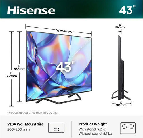 Hisense Smart Телевизор 43" 4K UHD LED 43A7S HDR (2026)