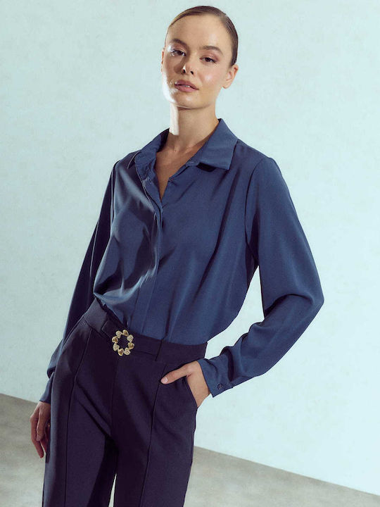 Women's Trousers Elastic Buckle Slim Fit Dark Blue