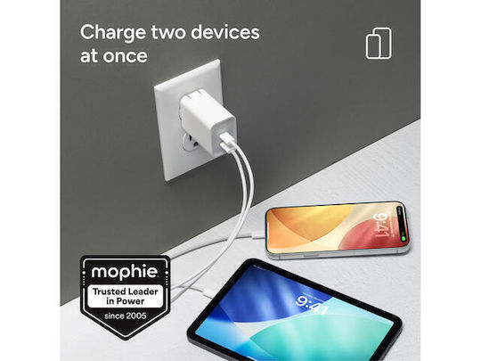 Mophie Безжично GaN зарядно устройство с 2 USB-C порта 70 W Power Delivery, бяло (ROC 2025)
