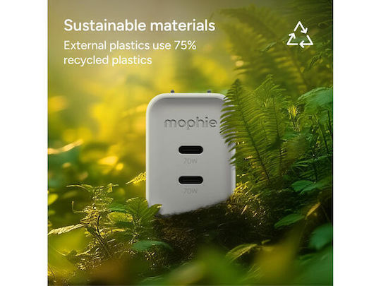 Mophie Безжично GaN зарядно устройство с 2 USB-C порта 70 W Power Delivery, бяло (ROC 2025)