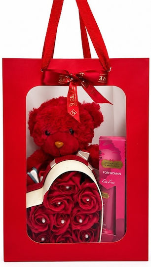 Set Pentru Femei Ursuleț De Pluș Tommy 10 Trandafiri Săpun Eșarfă Din Satin Set Parfum