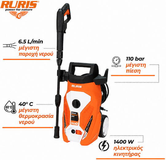 Ruris Cleanpowerjet 1100 – High-pressure Washer 1400 W 110 Bar 390 L H Accessories Included