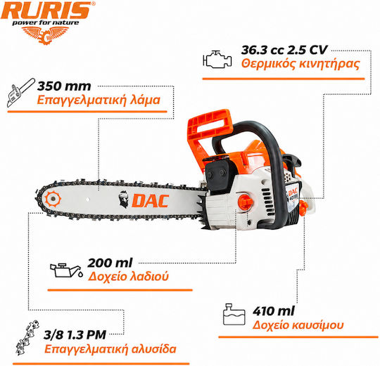 Ruris DAC 401RS Benzin-Kettensäge 2,5hp 5,2kg mit Klinge 35cm und Einfacher Start