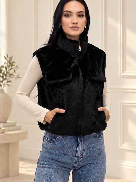 Дълга Дамска Безръкавна Кожа Black
