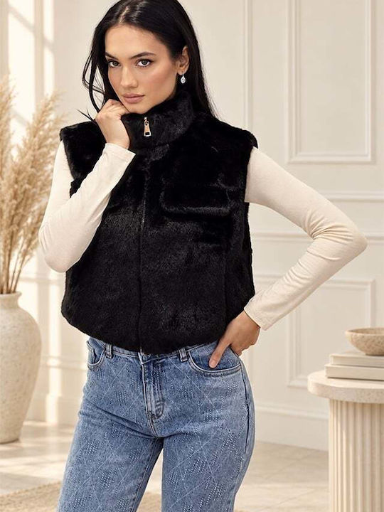 Дълга Дамска Безръкавна Кожа Black