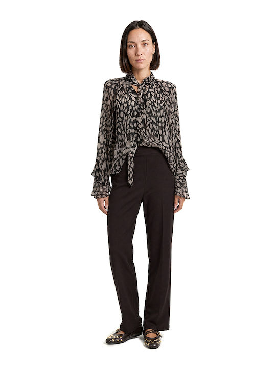 Women's Long Sleeve Blouse with V-Neck Black