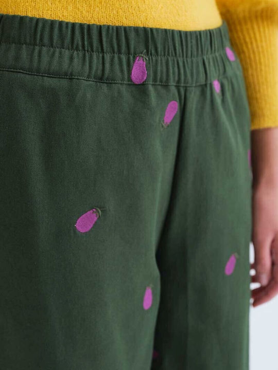 Women's High Rise Fabric Trousers with Elastic in Regular Fit Green